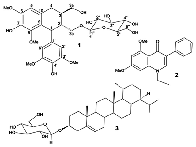  Chemical structures of (+)-lyoniresinol-2a-O-β-D-glucopyranosi de (1), crataemine (2) and crataenoside (3)