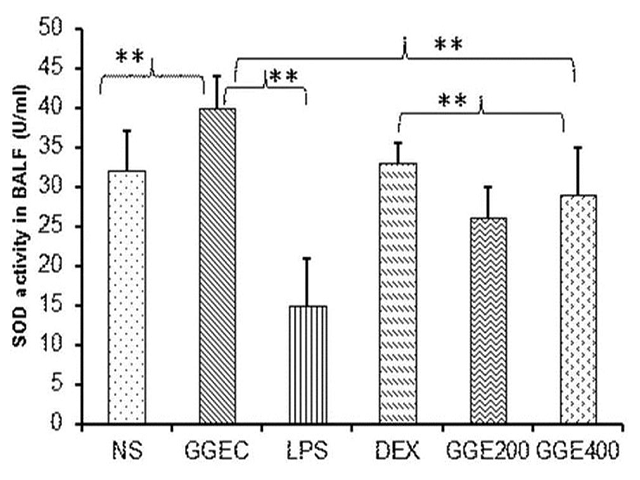  Effects of Glycyrrhiza glabra extract on SOD activity in  bronchoalveolar lavage fluid of lipopolysaccharide-induced acute  lung injury mice