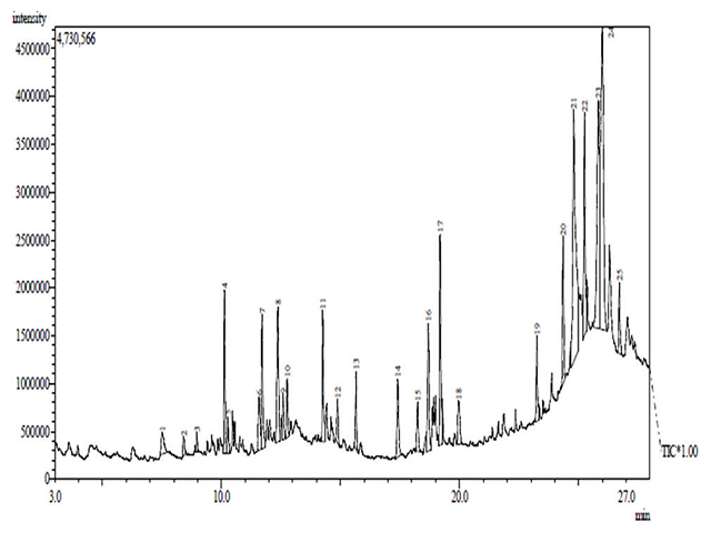 Gas chromatography‑mass spectrometry chromatogram of aqueous methanol extract of Polyalthia longifolia leaves