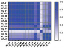 Heatmap of correlation coefficient of gas chromatography fingerprints of 15 batches of Houttuynia cordata volatile oil