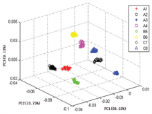 Qualitative analysis of Amomi fructus from different grades based on principal component analysis. (A1), (A2), (A3), and (A4) were Grade A samples; (B5) and (B6) were Grade B samples; (C7) and (C8) were Grade C samples