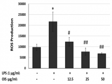 Effect of OIS on NO production. BV2 cells were incubated with OIS extract for 24 h, in the presence or absence of 1 μg/ml LPS, and NO production was assessed through the Griess reaction assay. Data are presented as the mean ± the standard error of the mean (n = 3). *P < 0.05 versus control group; #P < 0.05, ##P < 0.01 versus LPS‑treated group